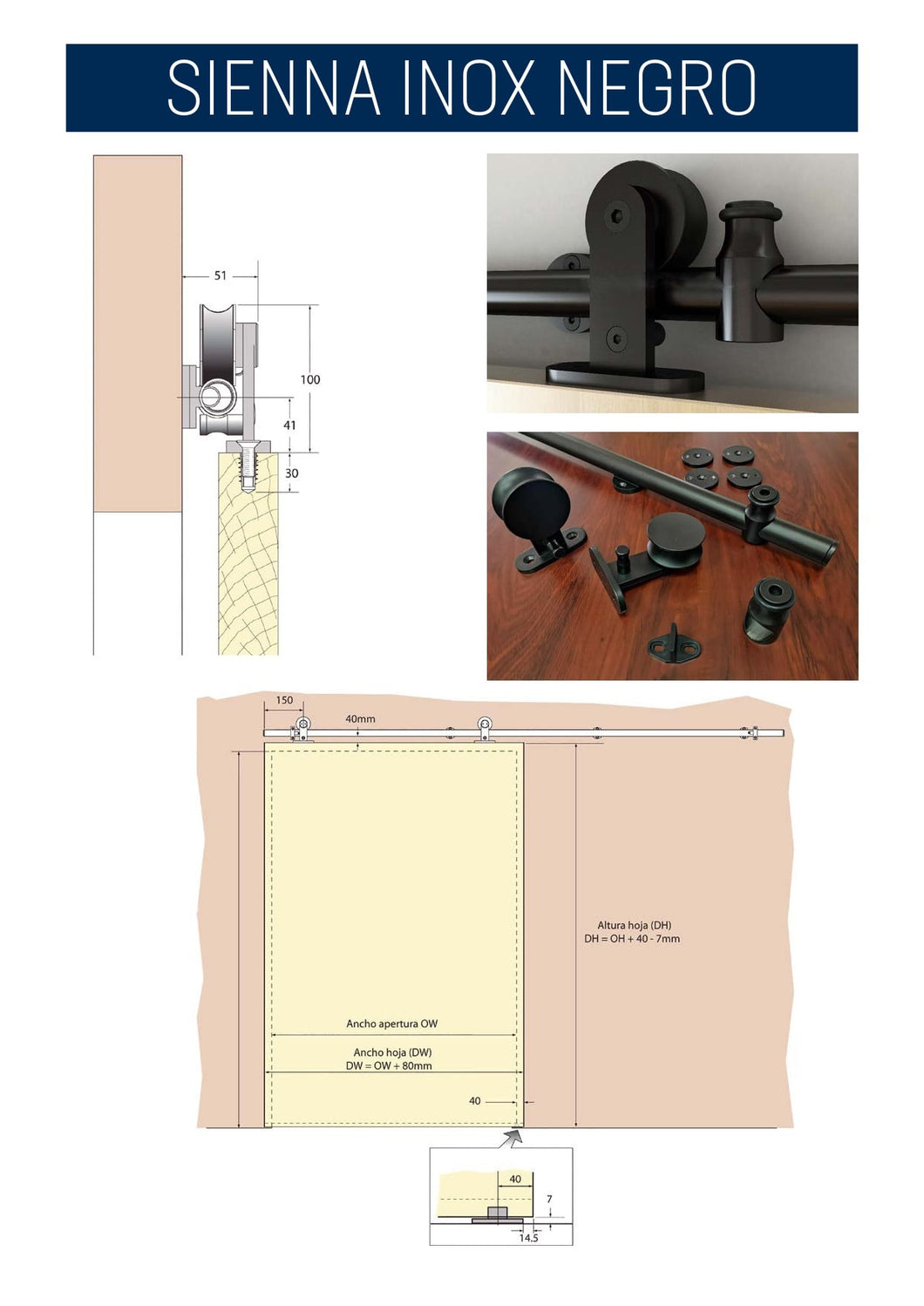 Kit Puerta Corredera Sienna Madera de acero inoxidable negro para puertas de hasta 120kg - accesorios para puertas